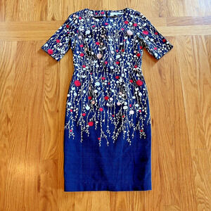 Boden Navy Floral Pencil Dress with Red White Pink Cascading Flowers Sz 10R